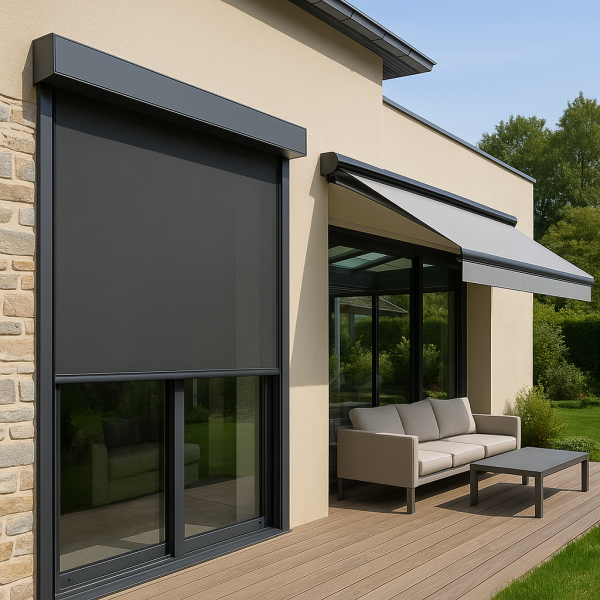 Store screen extérieur à Bordeaux pour façade vitrée exposée plein sud avec toile microperforée résistante au vent